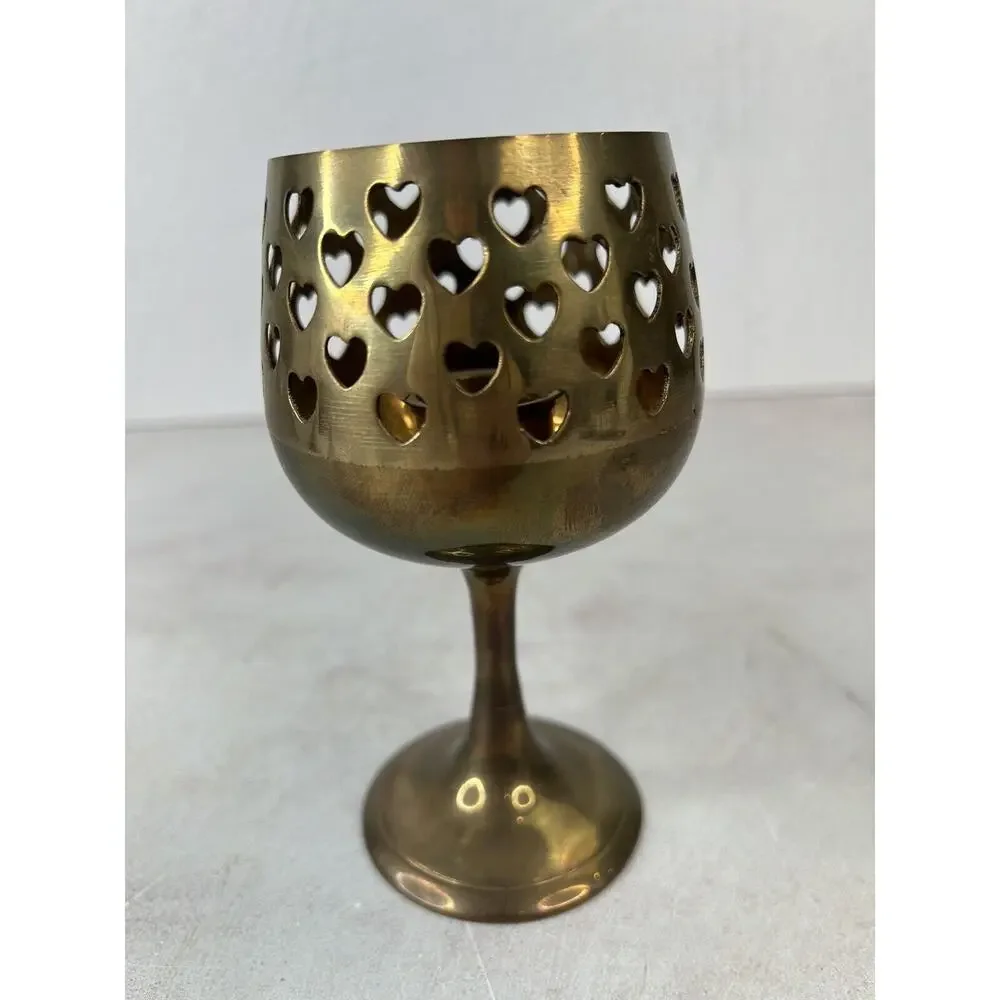 Brass Cutout Hearts Candle Holder Vintage 1980s Goblet Style Votive‎ Candlestick